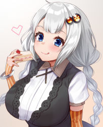 Rule 34 | 1girl, blue eyes, blush, braid, breasts, cake, closed mouth, food, food on face, heart, highres, holding, holding food, huge breasts, kizuna akari, large breasts, long hair, oppai loli, puffy short sleeves, puffy sleeves, short sleeves, silver hair, smile, solo, strawberry shortcake, tenneko yuuri, tongue, tongue out, twin braids, upper body, voiceroid