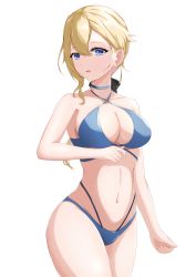 Rule 34 | 1girl, :d, absurdres, bare arms, bare shoulders, bikini, black bow, blonde hair, blue bikini, blue choker, blue eyes, bow, breasts, choker, cleavage, clenched hand, collarbone, genshin impact, hair between eyes, hair bow, halterneck, highres, jean (genshin impact), large breasts, light blush, long hair, looking at viewer, multiple straps, navel, obanana (ahap7438), open mouth, ponytail, sidelocks, simple background, smile, solo, swimsuit, thighhighs, white background