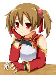 Rule 34 | 10s, 1girl, armor, bad id, bad pixiv id, blush, borubomu, breastplate, brown hair, head rest, face, fingerless gloves, flower, gloves, red eyes, short hair, short twintails, silica, smile, solo, sword art online, twintails