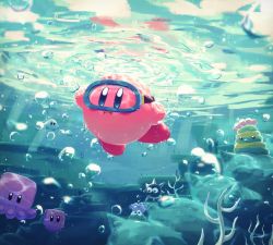 Rule 34 | air bubble, blue eyes, bubble, colored skin, diving mask, glunk (kirby), goggles, gordo, highres, holding breath, kirby, kirby (series), nintendo, no humans, pink skin, rock, slushy (kirby), solo, squishy (kirby), submerged, suyasuyabi, swimming, underwater