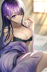 armpit_crease artist_name bare_shoulders bed black_bra blunt_bangs blurry blurry_background bra breasts cleavage collarbone commentary_request dappled_sunlight genshin_impact hair_down hand_up highres indoors large_breasts leaning_to_the_side light_particles long_hair looking_at_viewer looking_to_the_side mole mole_under_eye off_shoulder on_bed open_mouth puffy_sleeves purple_eyes purple_hair purple_robe raiden_shogun robe sitting sleepy sunlight tearing_up torakichi_(torakichi_neko) twitter_username underwear