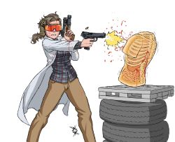 Rule 34 | 1girl, absurdres, blood, blood on clothes, blood on face, cargo pallet, casing ejection, dual wielding, dummy, fake blood, firing, garand thumb, glock, gun, handgun, highres, holding, khakis, lab coat, muzzle flash, original, ostwindprojekt, pistol, real life, shell casing, simple background, sunglasses, target practice, tire, weapon, white background