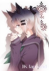 Rule 34 | 1girl, alternate costume, alternate hairstyle, animal ears, arknights, character name, green neckerchief, grey eyes, hair ornament, hairclip, hand up, highres, lappland (arknights), long sleeves, neckerchief, ponytail, sailor collar, scar, scar across eye, scar on face, school uniform, shadow, silver hair, sleeves past wrists, solo, tongue, tongue out, uniform, upper body, white background, wolf ears, yufeng kaete