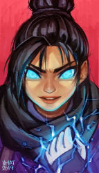 Rule 34 | 1girl, apex legends, artist name, black hair, black scarf, blue eyes, clenched hand, electricity, glowing, glowing eyes, hair behind ear, hair bun, looking at viewer, nose piercing, parted lips, piercing, red background, scarf, single hair bun, smile, solo, upper body, v-shaped eyebrows, vmat, wraith (apex legends)