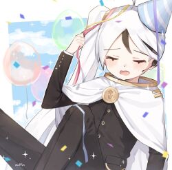 Rule 34 | 1boy, ahoge, balloon, black jacket, black pants, blush, cape, closed eyes, confetti, earpiece, gold trim, jacket, library of ruina, long sleeves, love mintchoco, microphone, multicolored hair, open mouth, pants, project moon, side ponytail, sitting, solo, sparkle, streaked hair, white cape, yan vismok