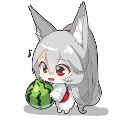 Rule 34 | 1girl, :d, animal ears, barefoot, chibi, commentary request, eighth note, food, fox ears, fox girl, fox tail, fruit, full body, grey hair, hair between eyes, highres, holding, holding food, japanese clothes, kimono, long hair, long sleeves, musical note, obi, open mouth, original, ponytail, red eyes, sash, shadow, simple background, sleeves past wrists, smile, solo, standing, tail, very long hair, watermelon, white background, white kimono, wide sleeves, yuuji (yukimimi)