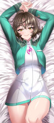 Rule 34 | 1girl, absurdres, ahoge, arms up, blush, breasts, brown hair, chest tattoo, cropped jacket, dress, facial mark, fate/extra, fate/extra ccc, fate/grand order, fate (series), forehead mark, green jacket, hair between eyes, highres, jacket, kogarasu1st, large breasts, long sleeves, looking at viewer, lying, mable macintosh, on back, open clothes, open jacket, sessyoin kiara, short dress, short hair, smile, solo, tattoo, thighs, white dress, yellow eyes