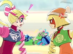 Rule 34 | 2girls, angry, arms (game), beanie, blonde hair, blue eyes, boxing gloves, chinese clothes, dna man (arms), domino mask, facepaint, glass, goggles, gonzarez, green eyes, hat, long hair, mask, min min (arms), monster boy, multicolored hair, multiple girls, ponytail, ribbon, ribbon girl (arms), short hair, slime boy, two-tone hair
