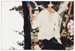 Rule 34 | 1boy, barefoot, black hair, black pants, border, closed mouth, facing viewer, flower, hand up, head out of frame, highres, ka (marukogedago), leaf, long sleeves, male focus, nature, original, outdoors, pants, plant, shirt, short hair, sitting, solo, tree, white border, white flower, white shirt