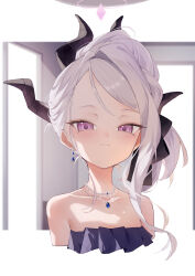 Rule 34 | 1girl, 200f (nifu), absurdres, black horns, blue archive, blush, closed mouth, collarbone, dangle earrings, demon horns, dress, earrings, highres, hina (blue archive), hina (dress) (blue archive), horns, jewelry, long hair, multiple horns, necklace, official alternate costume, official alternate hairstyle, pendant, purple dress, purple eyes, simple background, solo, strapless, strapless dress, upper body, white background, white hair