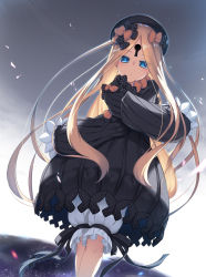 Rule 34 | 1girl, abigail williams (fate), black bow, black dress, black hat, blonde hair, bloomers, blue eyes, bow, dress, expressionless, facial mark, fate/grand order, fate (series), forehead mark, grey background, hair bow, hat, highres, keyhole, long hair, looking at viewer, multiple hair bows, olive (laai), orange bow, pixiv fate/grand order contest 2, polka dot, polka dot bow, solo, underwear, white bloomers
