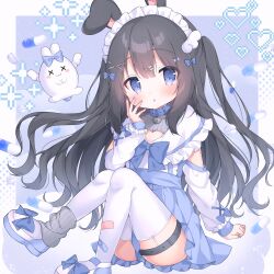 Rule 34 | 1girl, absurdres, animal ears, bandaid, bandaid on leg, black hair, blue bow, blue dress, blue eyes, blush, bow, breasts, commentary request, dot nose, dress, female focus, frills, full body, garter belt, garter straps, hair between eyes, hair bow, hair ornament, hairclip, highres, long hair, long sleeves, looking at viewer, maid, maid headdress, mimikkyu (mimikyunosub), original, rabbit ears, sailor dress, shoes, sitting, small breasts, solo, thighhighs, thighs, very long hair, white thighhighs, x hair ornament