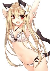 Rule 34 | 1girl, animal ear fluff, animal ears, arm behind head, arm up, blonde hair, bra, cat ears, cat girl, cat tail, cowboy shot, dutch angle, fang, flower, hair between eyes, hair flower, hair ornament, highres, light blush, looking at viewer, navel, open mouth, original, panties, red eyes, saeki touma, side-tie panties, simple background, skin fang, smile, solo, standing, stretching, tail, twintails, underwear, underwear only, white background, white bra, white panties