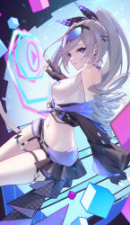 Rule 34 | 1girl, absurdres, ai dongdong, artist name, bare shoulders, black gloves, black jacket, black shorts, commentary request, cowboy shot, cube, drill hair, drill ponytail, ear piercing, eyewear on head, gloves, grey hair, highres, holographic interface, honkai: star rail, honkai (series), jacket, long hair, long sleeves, midriff, navel, off shoulder, parted lips, piercing, purple-tinted eyewear, purple eyes, short shorts, shorts, silver wolf (honkai: star rail), single drill, solo, tank top, thigh strap, tinted eyewear, white tank top