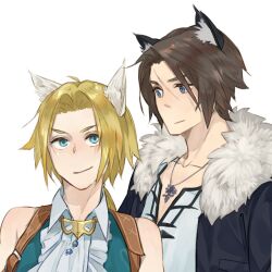 Rule 34 | 2boys, animal ears, belt buckle, black jacket, blonde hair, blue eyes, brown hair, buckle, cat boy, cat ears, collared shirt, dissidia final fantasy, expressionless, final fantasy, final fantasy ix, final fantasy viii, frilled shirt, frills, fur-trimmed jacket, fur trim, high collar, highres, jacket, jewelry, male focus, multiple boys, necklace, nini tw99, open clothes, open jacket, scar, scar on face, scar on forehead, shirt, short hair, simple background, smile, squall leonhart, v-neck, white background, white shirt, zidane tribal