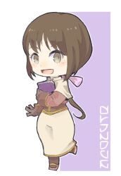 Rule 34 | 1girl, :d, acolyte (ragnarok online), blush, book, brown eyes, brown footwear, brown gloves, brown hair, brown shirt, capelet, character name, chibi, commentary request, full body, gloves, highres, holding, holding book, hunihuni, long hair, long sleeves, looking at viewer, low ponytail, open mouth, ponytail, purple background, ragnarok online, shirt, shoes, simple background, skirt, smile, solo, two-tone background, walking, white background, white capelet, white skirt