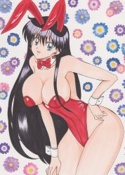 Rule 34 | 1990s (style), 1girl, absurdres, animal ears, bishoujo senshi sailor moon, black hair, breasts, detached collar, fake animal ears, hand on own hip, highres, hino rei, leaning forward, long hair, looking at viewer, playboy bunny, rabbit ears, rascal (n119), retro artstyle, sailor mars, solo, wrist cuffs