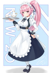 Rule 34 | 1girl, apron, black footwear, black ribbon, blush, breasts, buckle, buttons, character name, closed mouth, crossed ankles, dated, full body, girls&#039; frontline, hand on own hip, head tilt, holding, holding plate, juliet sleeves, large breasts, long hair, long sleeves, looking at viewer, maid, maid headdress, mary janes, neck ribbon, ntw-20 (girls&#039; frontline), ntw-20 (the aristocrat experience) (girls&#039; frontline), official alternate costume, pantyhose, pink eyes, pink hair, plate, ponytail, puffy sleeves, ribbon, shoes, short sleeves, sidelocks, signature, simple background, skirt, solo, tassel, teapot, twitter username, unel, very long hair, white background, white pantyhose