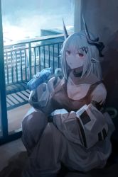 Rule 34 | 1girl, arknights, balcony, black gloves, black tank top, bottle, breasts, cleavage, coat, commentary, day, demon horns, english commentary, expressionless, feet out of frame, glass door, gloves, hair between eyes, hair ornament, highres, holding, holding bottle, horns, large breasts, long hair, looking at viewer, miyabino (miyabi1616), mudrock (arknights), off shoulder, open clothes, open coat, open mouth, pants, pointy ears, red eyes, silver hair, solo, straight hair, sweat, tank top, water bottle, white coat, white pants