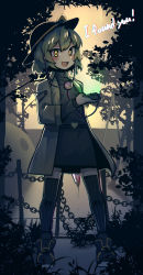 Rule 34 | 1girl, adapted costume, black footwear, black thighhighs, blood, bloody weapon, blush, bow, bush, cellphone, concealed weapon, earphones, english text, eyeball, green hair, hat, hat bow, heart, hiding, highres, holding, holding knife, holding phone, jacket, knife, komeiji koishi, long sleeves, looking at viewer, nyong nyong, open mouth, park, phone, ribbon, skirt, solo, standing, sweater, thighhighs, touhou, turtleneck, turtleneck sweater, wavy hair, weapon, yellow eyes, yellow ribbon