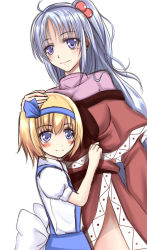 Rule 34 | 2girls, alice margatroid, alice margatroid (pc-98), bad id, bad pixiv id, blonde hair, blue eyes, child, dress, hair ribbon, hand on another&#039;s head, long hair, multiple girls, one side up, puffy short sleeves, puffy sleeves, purple eyes, red dress, ribbon, shinki (touhou), shirt, short hair, short sleeves, silver hair, skirt, smile, suspenders, touhou, touhou (pc-98), wendell