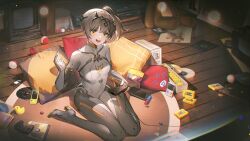 Rule 34 | 1girl, absurdres, bodysuit, breasts, brown hair, cd, cushion, dvd (object), hair ornament, handheld game console, highres, holding, holding handheld game console, long hair, mechanical legs, monitor, nanami: starfarer (punishing: gray raven), nanami (punishing: gray raven), open mouth, orange eyes, punishing: gray raven, rubber duck, side ponytail, small breasts, stuffed animal, stuffed toy, teddy bear, teeth, upper teeth only, white bodysuit, yanderenasa