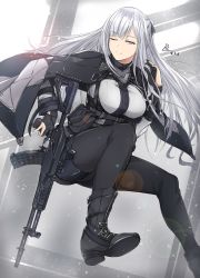 Rule 34 | 1girl, absurdres, ak-12, ak-12 (girls&#039; frontline), ankle boots, assault rifle, belt, black cape, black footwear, black gloves, black jacket, black pants, boots, braid, breasts, cape, closed mouth, collar, dated, floating hair, french braid, girls&#039; frontline, gloves, gun, half-closed eye, highres, holding, holding gun, holding weapon, jacket, jacket on shoulders, jumping, kalashnikov rifle, long hair, long sleeves, looking at viewer, medium breasts, one eye closed, open clothes, open jacket, pale skin, pants, partially fingerless gloves, pouch, purple eyes, rifle, shadow, sidelocks, signature, simple background, smile, snow, snowing, straight hair, strap, trigger discipline, underbust, uneven eyes, uniform, walking, weapon, white hair, zhishi ge fangzhang