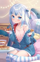 Rule 34 | 1girl, :t, animal, bare shoulders, blue eyes, blue hair, blue jacket, blue nails, blush, bucket, camisole, chicken nuggets, closed mouth, collarbone, commentary request, eating, fins, fish tail, food, food on face, gawr gura, hair ornament, heart, highres, holding, holding food, hololive, hololive english, hood, hood down, hooded jacket, jacket, long hair, long sleeves, looking at viewer, moorina, multicolored hair, nail polish, no shoes, off shoulder, one side up, open clothes, open jacket, pink camisole, pizza, pizza box, pizza slice, plaid, puffy long sleeves, puffy sleeves, shark tail, shrimp, silver hair, sitting, sleeves past wrists, solo, streaked hair, striped clothes, striped thighhighs, stuffed animal, stuffed shark, stuffed toy, tail, thighhighs, virtual youtuber, wariza, watson amelia