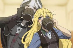 Rule 34 | 2girls, black cape, black gloves, black hair, black jacket, blonde hair, blurry, blurry background, blush, cape, commentary request, cup, depth of field, drinking, drunk, gloves, grey hair, hair between eyes, highres, holding, jacket, long hair, long sleeves, looking at another, lyza (made in abyss), made in abyss, mi (pic52pic), mug, multiple girls, ozen, short hair, sweatdrop, upper body, whistle