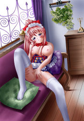 Rule 34 | blue eyes, breasts, censored, couch, koutetsu tenshi kurumi, kurumi (koutetsu tenshi kurumi), large breasts, long hair, maid, maid headdress, masturbation, nipples, nude, pillow, pink hair, purple eyes, pussy, pussy juice, pussy juice puddle, thighhighs, white legwear, window