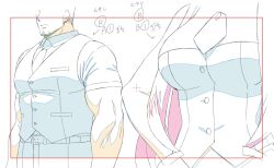 Rule 34 | 1boy, 1girl, anatomy, arrow (symbol), bad tag, bara, biceps, breasts, cardfight!! vanguard, character request, comparison, cropped legs, facial hair, goatee stubble, head out of frame, highres, large breasts, large pectorals, muscular, muscular male, nagasaku tomokatsu, necktie, official art, pants, pectorals, production art, seto tomari, stubble, tight clothes, vest