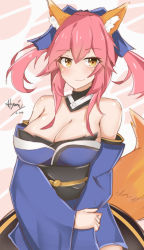 Rule 34 | 10s, 1girl, :3, animal ears, bow, breasts, cleavage, detached sleeves, fate/extra, fate (series), fox ears, fox tail, hair bow, hair ribbon, highres, japanese clothes, large breasts, looking at viewer, myumi, pink hair, ribbon, signature, solo, tail, tamamo no mae (fate/extra), yellow eyes