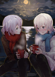 Rule 34 | 2girls, :d, :o, black legwear, blue eyes, blue scarf, blush, cloud, cloudy sky, commentary request, cup, eila ilmatar juutilainen, full moon, grey hair, hair between eyes, highres, holding, holding cup, jacket, lake, lamb (hitsujiniku), long sleeves, looking at another, looking to the side, moon, mug, multiple girls, night, night sky, nose blush, official alternate costume, open mouth, outdoors, pantyhose, parted lips, red scarf, sanya v. litvyak, scarf, sky, sleeves past wrists, smile, steam, strike witches, water, white jacket, world witches series