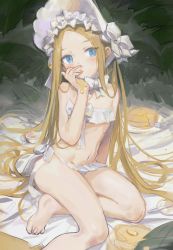 Rule 34 | 1girl, abigail williams (fate), abigail williams (swimsuit foreigner) (fate), abigail williams (swimsuit foreigner) (third ascension) (fate), bikini, blonde hair, blue eyes, bonnet, bow, fate/grand order, fate (series), flat chest, food, foot out of frame, highres, honey, licking, licking finger, long hair, navel, nemo (leafnight), pancake, parted bangs, plate, sitting, sketch, solo, strapless, strapless bikini, swimsuit, tongue, tongue out, very long hair, white bikini, white bow, white headwear