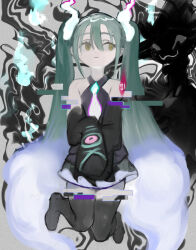 Rule 34 | 1girl, bare shoulders, black skirt, black sleeves, closed mouth, commentary request, creatures (company), detached arm, detached legs, detached sleeves, distortion, floating, full body, ga4me4, game freak, gen 4 pokemon, ghost miku (project voltage), glitch, gradient hair, green hair, grey background, grey shirt, grey thighhighs, hair between eyes, hatsune miku, highres, long hair, looking to the side, mismagius, multicolored hair, necktie, nintendo, pale skin, pokemon, print sleeves, project voltage, see-through, see-through skirt, shirt, skirt, sleeveless, sleeveless shirt, sleeves past fingers, sleeves past wrists, solo, thighhighs, twintails, very long hair, vocaloid, white hair, white necktie, yellow eyes