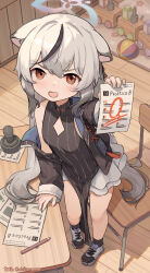 Rule 34 | 1girl, absurdres, animal ears, black dress, black hair, black socks, blue archive, blue halo, blush, breasts, dress, grey hair, halo, highres, holding, holding paper, kokona (blue archive), long hair, looking at viewer, multicolored hair, open mouth, orange eyes, paper, pen, revision, shijiuuuuuuu, shoes, small breasts, socks, solo, streaked hair, striped clothes, striped dress, tiger ears, twitter username, vertical-striped clothes, vertical-striped dress