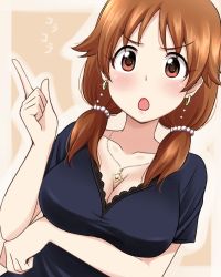 Rule 34 | 10s, 1girl, bad id, bad twitter id, black shirt, breast hold, breasts, brown eyes, brown hair, cleavage, collarbone, earrings, hair ornament, hand up, idolmaster, idolmaster cinderella girls, idolmaster cinderella girls starlight stage, ikari manatsu, index finger raised, jewelry, katagiri sanae, large breasts, long hair, low twintails, necklace, open mouth, pink lips, shirt, short hair, short twintails, solo, twintails, upper body