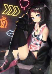 Rule 34 | 1girl, arm up, arrow (symbol), azki (2nd costume) (hololive), azki (hololive), bare shoulders, black collar, black footwear, black hair, black jacket, black shorts, black thighhighs, blush, breasts, closed mouth, collar, collarbone, commentary request, covered navel, facial mark, heart, highres, hololive, jacket, jewelry, knee up, long sleeves, looking at viewer, mizunashi (second run), multicolored hair, necklace, neon lights, off shoulder, open clothes, open jacket, purple eyes, red hair, revealing clothes, see-through, see-through midriff, shoes, short hair, short shorts, shorts, sitting, sleeves past wrists, small breasts, smile, solo, streaked hair, tank top, thighhighs, virtual youtuber