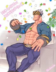 Rule 34 | 1boy, abs, bara, bare pectorals, boku no hero academia, bulge, confetti, couch, death arms, feet out of frame, forehead protector, happy birthday, large pectorals, pectoral cleavage, male focus, mature male, muscular, muscular male, navel, on couch, ono (ohno ha), pectorals, short hair, shrug (clothing), sideburns, sitting, solo, spread legs, stomach, taut clothes, thick thighs, thighs