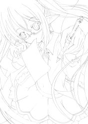 Rule 34 | 1girl, absurdres, glasses, greyscale, highres, lineart, long hair, monochrome, mouth hold, original, pointy ears, rinsu, solo