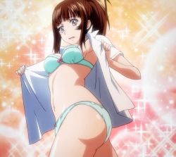 Rule 34 | 00s, 1girl, aqua bra, aqua panties, bra, breasts, brown hair, ikkitousen, lingerie, long hair, medium breasts, naked shirt, open clothes, panties, shirt, solo, standing, stitched, surprised, sweatdrop, third-party edit, underwear, underwear only, undressing, yagyu mitsuyoshi
