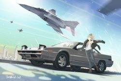 Rule 34 | 1girl, 2020, aircraft, airplane, breasts, building, car, city, denim, dog, f-4 phantom ii, fighter jet, floating hair, flying, full body, goggles, goggles on head, jacket, jeans, jet, jettoburikku, looking to the side, looking up, mcdonnell douglas, military, military vehicle, motion blur, motor vehicle, original, outdoors, pants, rising sun flag, shirt, small breasts, standing, standing on one leg, subaru (brand), subaru alcyone, sunburst, tank top, us navy, vehicle focus, white hair, white shirt