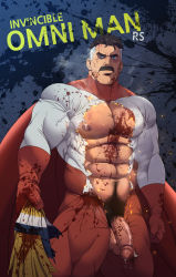 Rule 34 | 1boy, abs, absurdres, bara, bare pectorals, black hair, blood, blood on clothes, blood on face, blood on hands, blue eyes, bodysuit, cape, facial hair, flaccid, frown, highres, huge filesize, invincible (series), large pectorals, looking at viewer, male focus, male pubic hair, mature male, multicolored hair, muscular, muscular male, mustache, navel, navel hair, nipples, old, old man, omni-man, omni-man, pectorals, penis, precum, pubic hair, red bodysuit, red cape, ryans, short hair, skin tight, solo, stomach, thick thighs, thighs, torn bodysuit, torn clothes, two-tone hair, uncensored, undercut, veins, veiny penis