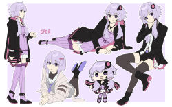 Rule 34 | 1girl, a.i. voice, animal ears, animal hood, anklet, artist name, black hoodie, black jacket, black thighhighs, black undershirt, blazer, blue neckerchief, boots, border, cardigan, chibi, chibi inset, criss-cross halter, dress, full body, grey serafuku, hair ornament, hairclip, halter dress, halterneck, hand on own cheek, hand on own face, head rest, headset, high heel boots, high heels, highres, hood, hood down, hoodie, invisible chair, jacket, jewelry, legs up, light purple hair, long sleeves, looking at viewer, lying, microphone, multiple views, neckerchief, on side, on stomach, open cardigan, open clothes, open mouth, outline, outside border, pink hoodie, purple background, purple dress, purple eyes, purple thighhighs, rabbit ears, reclining, school uniform, serafuku, short hair, short hair with long locks, short shorts, shorts, sitting, slippers, smile, spdr, standing, striped clothes, striped thighhighs, thighhighs, two-tone hoodie, vertical-striped clothes, vertical-striped thighhighs, vest, voiceroid, white border, white outline, white vest, yuzuki yukari, yuzuki yukari (shizuku), zettai ryouiki