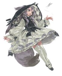 Rule 34 | 1girl, animal ears, bug, butterfly, dress, drill hair, erming225, full body, grey eyes, grey hair, hat, highres, insect, long hair, long sleeves, open mouth, original, short eyebrows, simple background, sketch, smile, solo, tail, thighhighs, white background, white thighhighs, zettai ryouiki