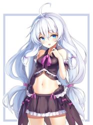 Rule 34 | 1girl, :d, ahoge, arm at side, black skirt, black vest, blue eyes, breasts, collared vest, cowboy shot, ehart, hair between eyes, highres, legs apart, long hair, looking at viewer, low-tied long hair, midriff, miniskirt, navel, neck ribbon, open mouth, pink ribbon, pleated skirt, ribbon, sidelocks, silver hair, skirt, small breasts, smile, solo, soulworker, standing, stella unibell, stomach, tareme, thighs, two-tone background, very long hair, vest, waist cape, wing collar
