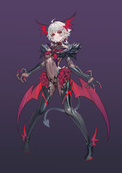 Rule 34 | 1girl, absurdres, ahoge, bodysuit, boots, breasts, claws, covered navel, dark persona, demon girl, demon tail, demon wings, elbow gloves, eyeshadow, fang, frilled skirt, frills, full body, fur trim, gloves, gradient background, head wings, highres, looking at viewer, low wings, magical girl, makeup, medium breasts, original, pale skin, pigeon-toed, pointy ears, purple background, pussy, red eyes, red eyeshadow, see-through, see-through bodysuit, shen hai ichigo, shiny clothes, short hair, skin fang, skin tight, skirt, slit pupils, solo, standing, tail, thigh boots, variant set, white hair, wings