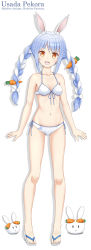 Rule 34 | 1girl, :d, absurdres, animal ear fluff, animal ears, bad id, bad pixiv id, bare arms, bare shoulders, bikini, blue hair, bow, braid, breasts, brown eyes, carrot hair ornament, character name, commentary request, copyright name, flipper, food-themed hair ornament, front-tie bikini top, front-tie top, full body, hair bow, hair ornament, highres, hololive, long hair, looking at viewer, multicolored hair, navel, pekomon (usada pekora), open mouth, rabbit-shaped pupils, rabbit ears, sandals, shadow, short eyebrows, side-tie bikini bottom, small breasts, smile, standing, swimsuit, symbol-shaped pupils, teeth, thick eyebrows, twin braids, twintails, two-tone hair, upper teeth only, usada pekora, virtual youtuber, white background, white bikini, white bow, white footwear, white hair