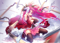 Rule 34 | 10s, 1girl, action, arm up, armpits, bare shoulders, black thighhighs, blurry, boots, bow, chain, depth of field, detached sleeves, frills, hair bow, holding, long hair, long skirt, looking at viewer, magical girl, mahou shoujo madoka magica, mahou shoujo madoka magica (anime), nilitsu, open mouth, parted bangs, polearm, ponytail, red eyes, red hair, sakura kyoko, shards, skirt, soul gem, spear, squatting, thighhighs, weapon, wind, zettai ryouiki