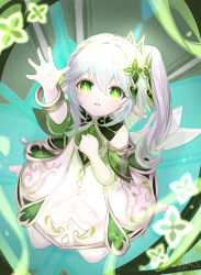 1girl absurdres arm_up bracelet cape clenched_hand commentary_request detached_sleeves dress film_grain from_above genshin_impact gold_trim gradient_hair green_eyes green_hair green_sleeves hair_between_eyes hair_ornament highres jewelry kaede_(kristallfantasie) kneeling leaf_hair_ornament looking_at_viewer looking_up multicolored_hair nahida_(genshin_impact) outstretched_arm parted_lips partial_commentary side_ponytail signature solo star-shaped_pupils star_(symbol) symbol-shaped_pupils teeth upper_teeth_only white_dress white_hair